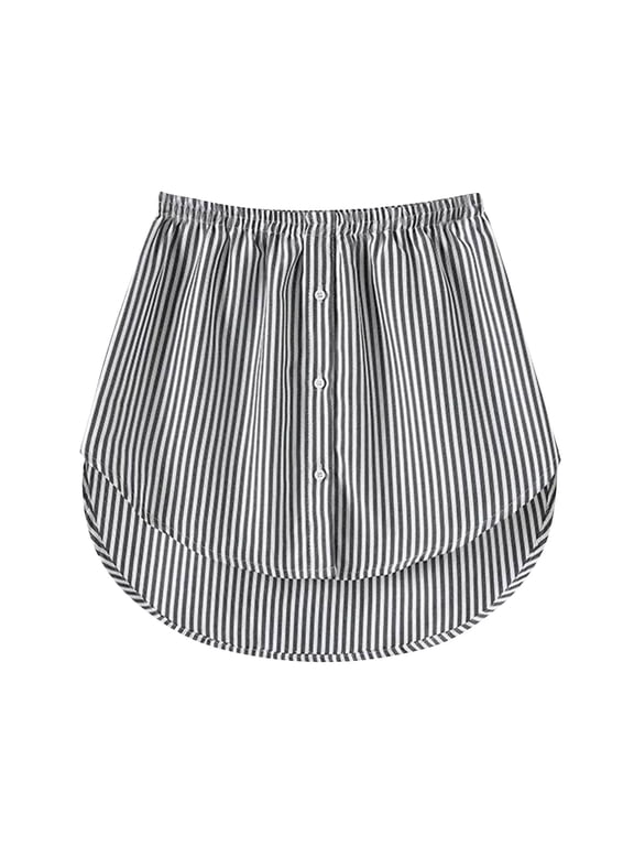 Womens Plus Size Shirt Extender Striped Print Elastic Waist Button Front Fake Layering Skirt Curved Hem High Low Tunic Lengthener