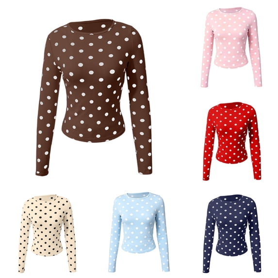 Norvella Womens Polka Dot T Shirt Crew Neck Long Sleeve Slim Fit Stretch Casual Tee Everyday Fall Layering Top