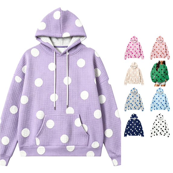 Norvella Womens Polka Dot Waffle Hoodie 3/4 Sleeve Drawstring Hood Kangaroo Pocket Relaxed Fit Pullover Sweatshirt Casual Top