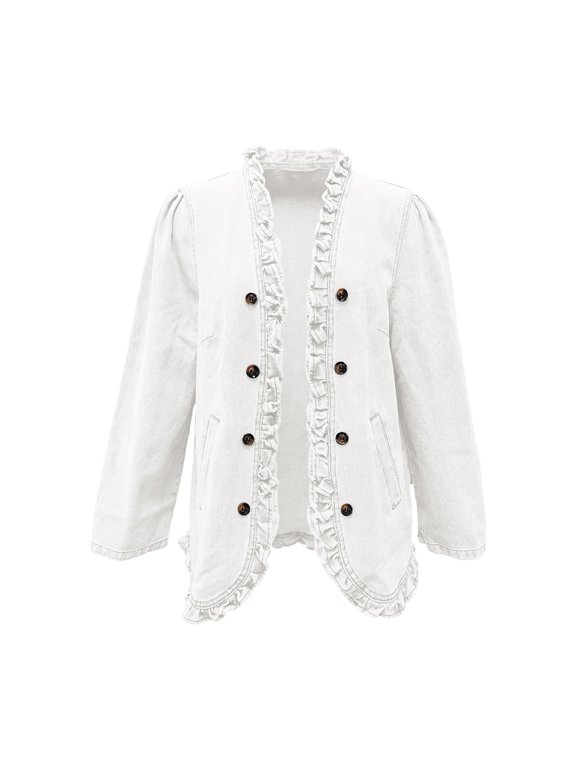 Womens Ruffle Jacket Solid Double Button Front Long Sleeve Frilled Edges Side Pockets Curved Hem Relaxed Casual Blazer Top
