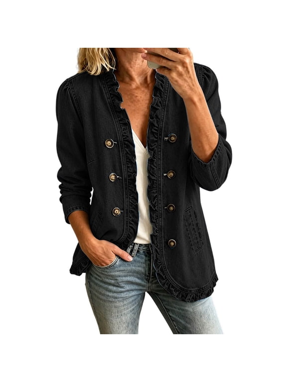 Womens Ruffle Denim Jackets Long Sleeve V Neck Double Coat Curved Hem Relaxed Fit Casual Layering Tops