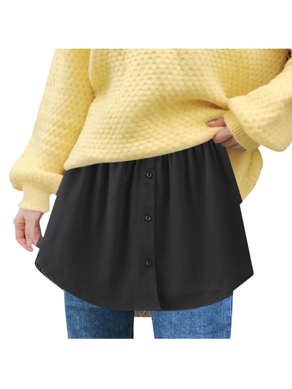 Womens Shirt Extender Solid Button Front Elastic Waist Curved Edge Fake Layering Skirt Tunic Length Half Slip Clothing Accessory