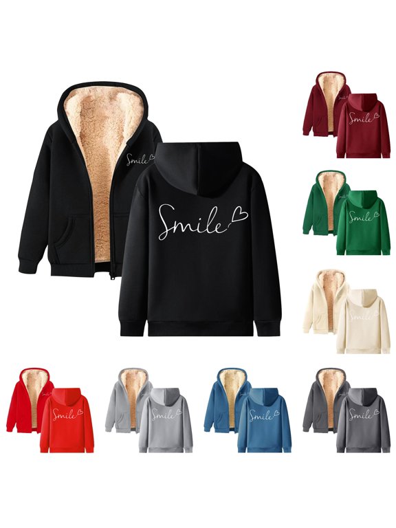 Womens Smile Letter Print Zip Up Hoodies Long Sleeve Hooded Sweatshirt Front Pockets Relaxed Fit Full Zip Jacket