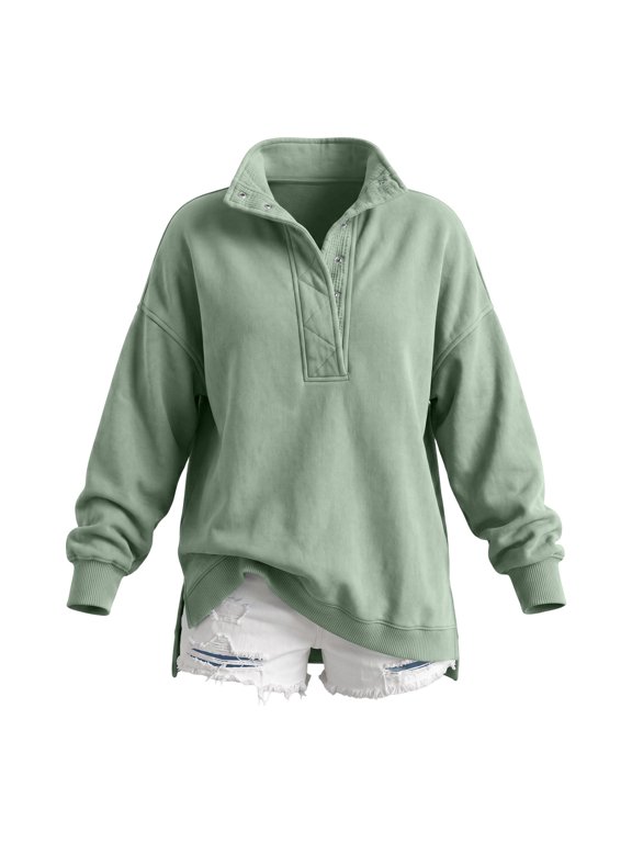 Womens Snap Neck Sweatshirt Solid Long Sleeve Pullover Stand Collar Dropped Shoulder Side Slits Ribbed Cuffs Casual Top