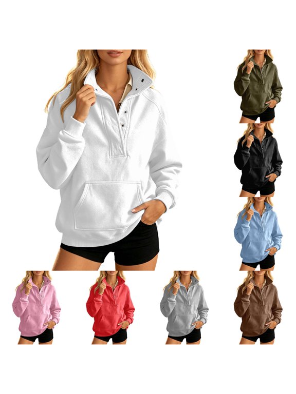 Womens Snap Neck Sweatshirt Solid Stand Collar Pullover Long Sleeve Kangaroo Pocket Curved Hem Relaxed Fit Casual Top