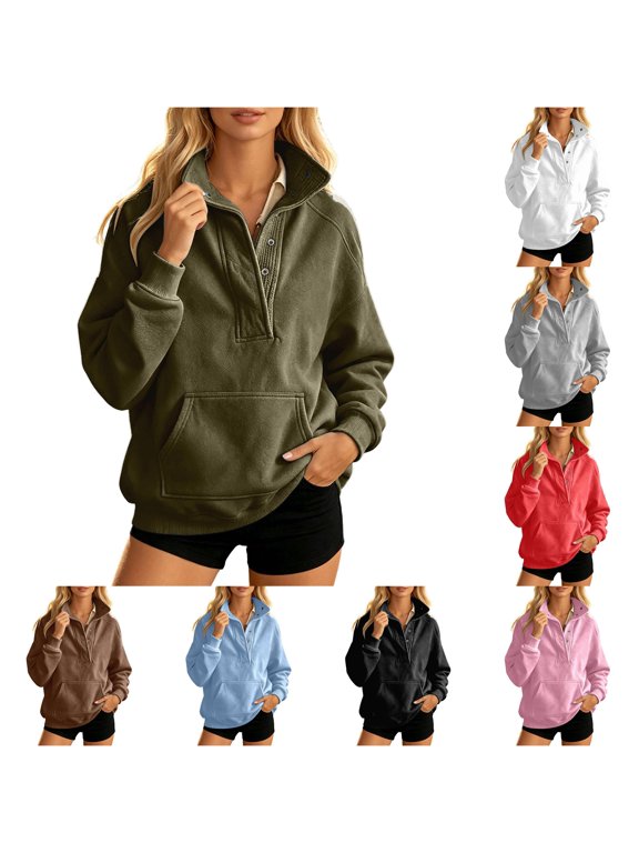 Womens Snap Neck Sweatshirt Solid Stand Collar Pullover Long Sleeve Kangaroo Pocket Curved Hem Relaxed Fit Casual Top