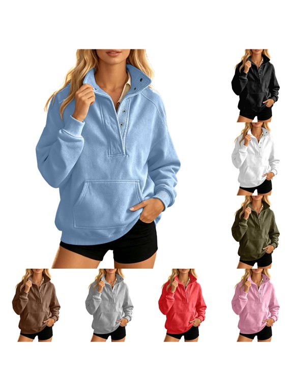 Womens Snap Neck Sweatshirt Solid Stand Collar Pullover Long Sleeve Kangaroo Pocket Curved Hem Relaxed Fit Casual Top