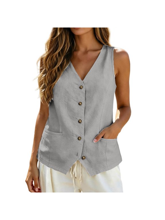Womens Tailored Vest Solid Sleeveless V Neck Button Closure With Pockets Pointed Front Hem Office Casual Waistcoat Top