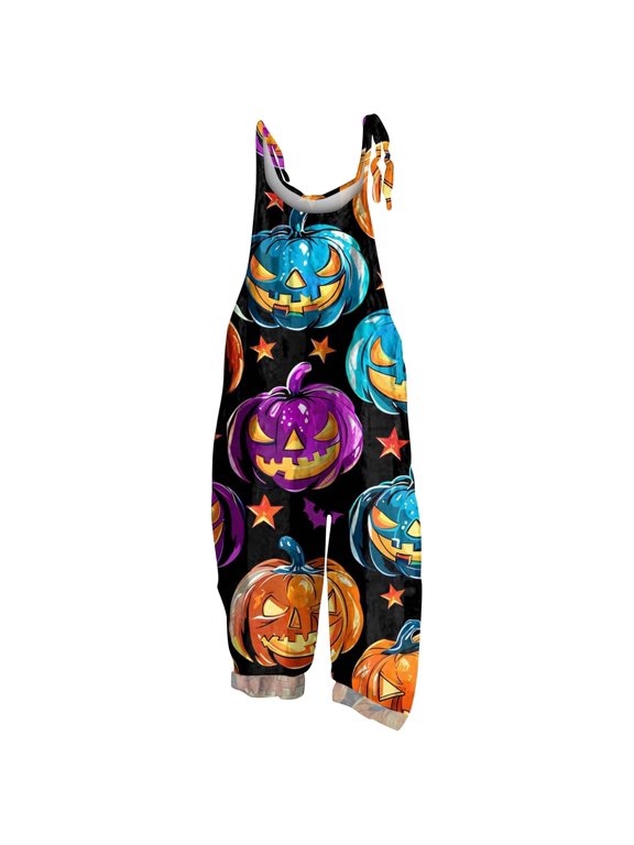 Womens Tie Shoulder Jumpsuit Halloween Jack O Lantern Print Sleeveless Overalls Scoop Neck Rolled Relaxed Fit Casual Outfit