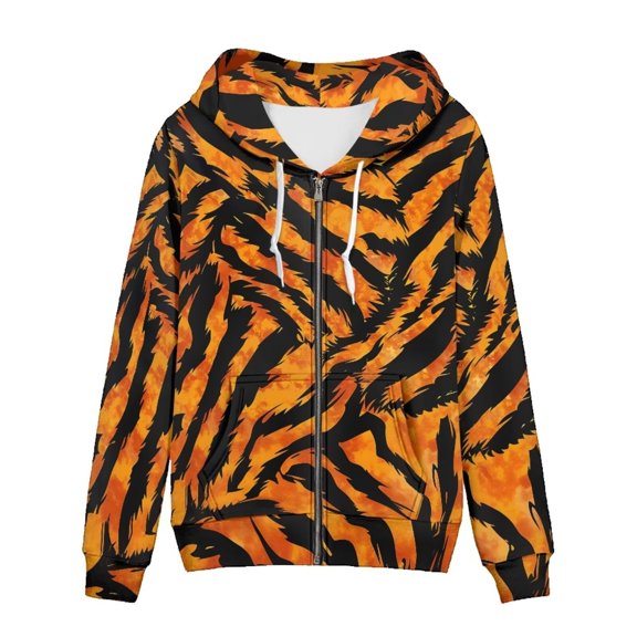 Norvella Womens Tiger Print Hoodies Zip Up Drawstring Hood Long Sleeve Sweatshirt Front Pockets Ribbed Cuffs Relaxed Fit Jacket