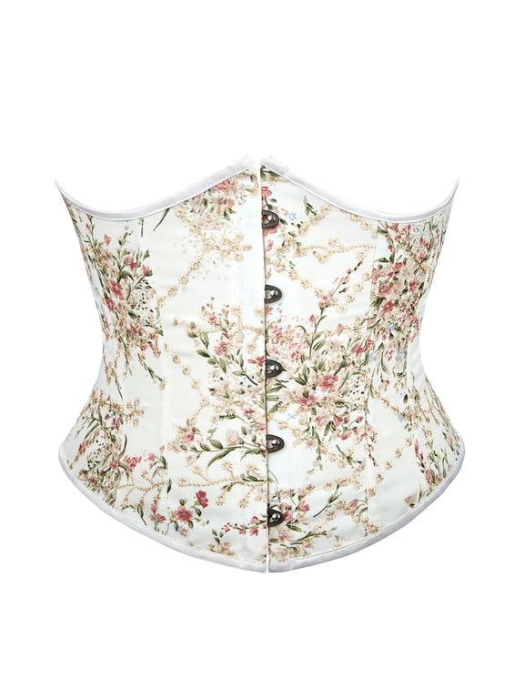 Womens Underbust Waist Cincher Floral Print Busk Front Corset Curved Hem Shaped Seaming Fitted Structured Belt