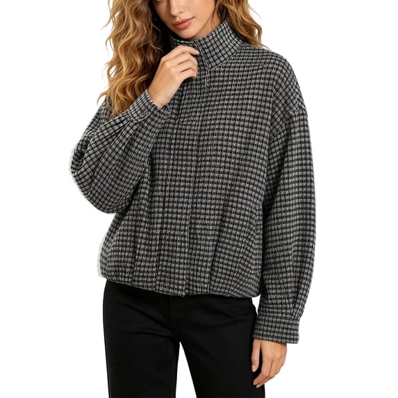 Norvella Womens Zip Front Jacket Gingham Check High Collar Long Sleeve Drop Shoulder Button Gathered Hem Relaxed Fit Casual Coat