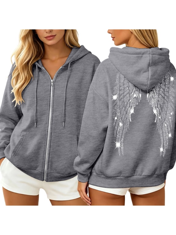 Womens Zip Up Hoodies Wing Graphic Rhinestone Drawstring Hood Long Sleeve Sweatshirt Kangaroo Pocket Casual Jacket