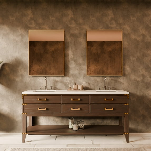 Norwalk 72 in W Brown Oak Double Vanity, White Quartz Top, Faucet Set, and 34 in Mirrors