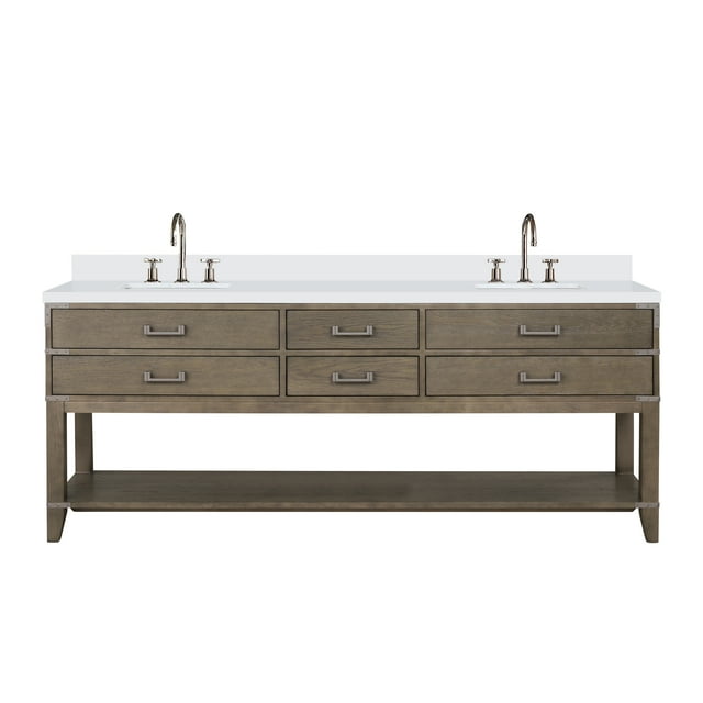 Norwalk 84 in W x 22 in D Grey Oak Double Bath Vanity, White Quartz Top, and Faucet Set