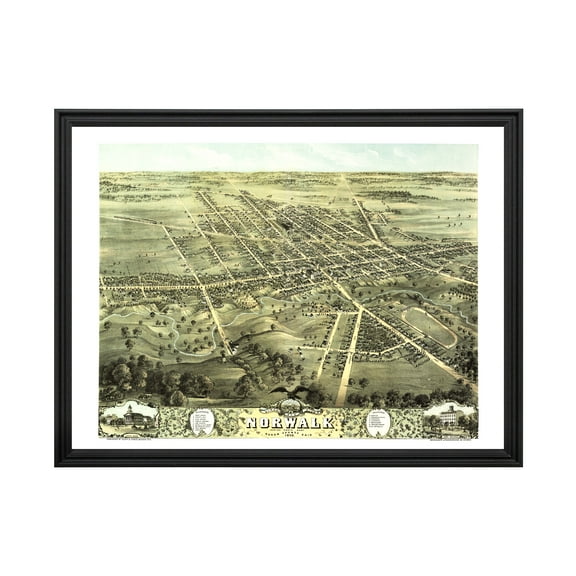 Norwalk Art, 1870 Vintage Map of Norwalk Ohio, OH History Wall Decor Gift, Old Norwalk Map - 24" x 18" Black Framed Print