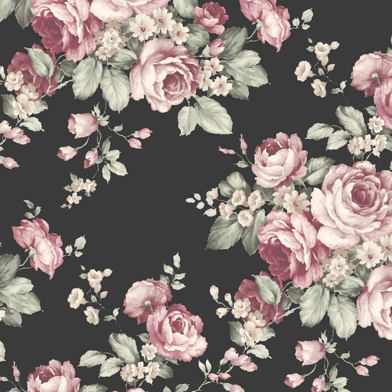 Grand Floral Black and Pink Vinyl Pre-Pasted Wallpaper