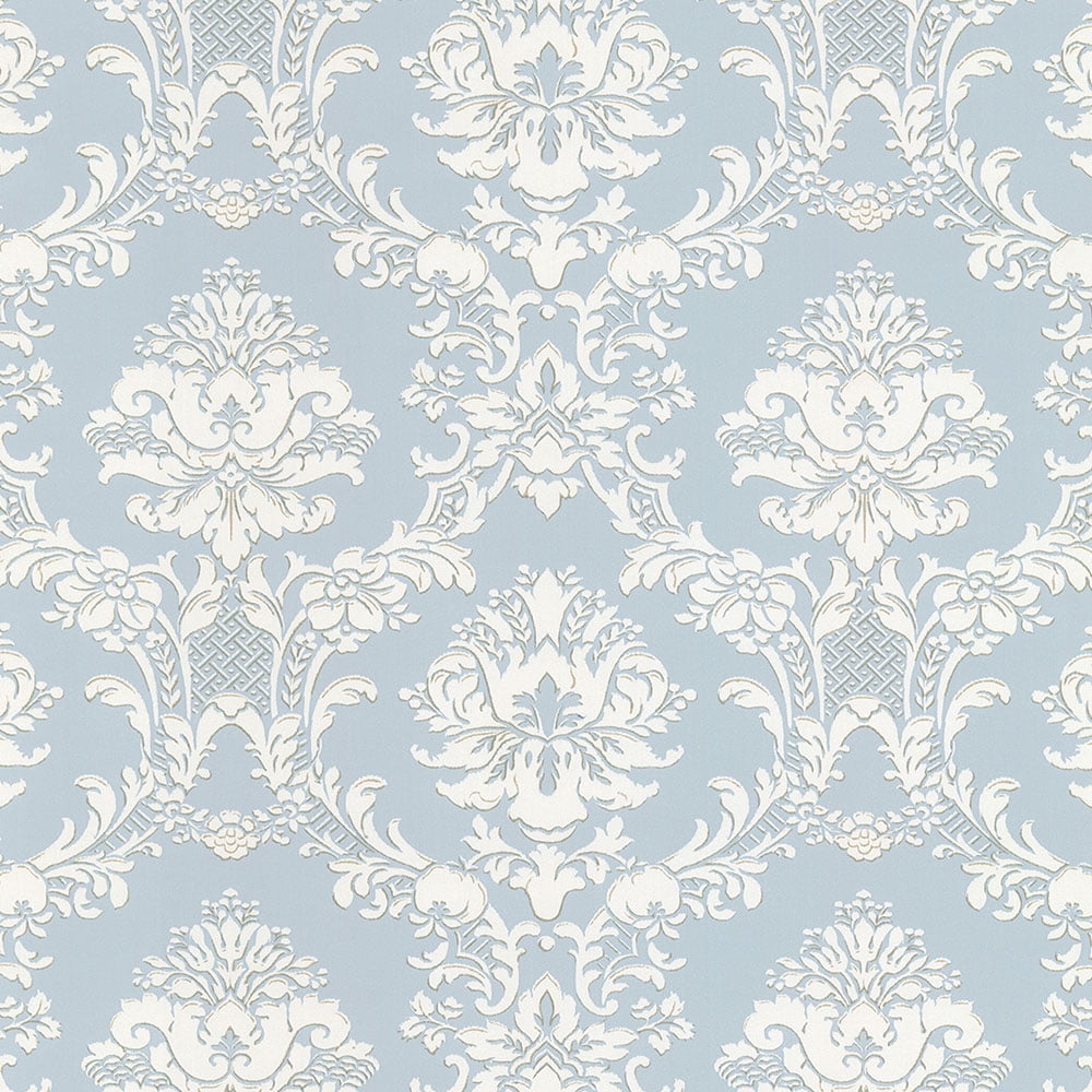 Light Blue and Pearl Damask Pre-pasted Vinyl Wallpaper