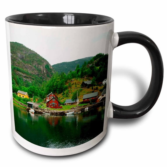 3drose, Norway, Aakrafjorden, Few Houses at the End of the Akra Fjord., 11oz Two-tone Black Mug