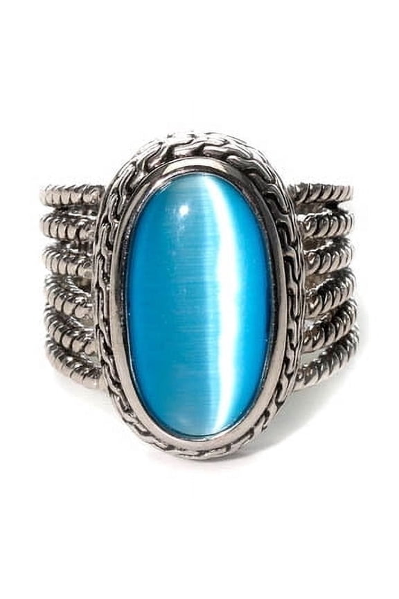 Vintage Style Oval Blue Cat's Eye Statement Ring, Antique Silver Tone Wide Band Size 6 Jewelry Ring Silver