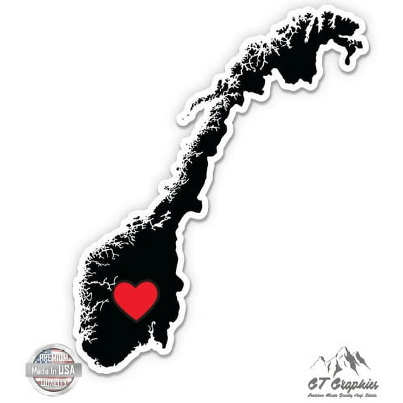 Norway Country Shape Heart - 3" Vinyl Sticker - For Car Laptop I-Pad Phone Helmet Hard Hat - Waterproof Decal