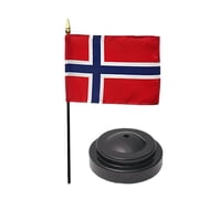 Norway Desk Flag with Base; American Made Rayon 4x6 inch Miniature Table Set Includes One Small Mini Country Stick Flags and One Black Stand Norway Desk Flag and Base