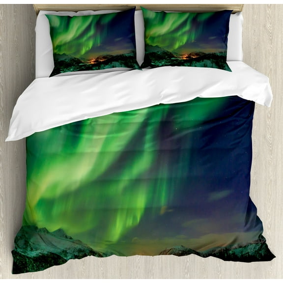 Norway Duvet Cover Set Queen Size, Aurora Borealis Nordic Green Tones Night Sky and Town Panorama, Decorative 3 Piece Bedding Set with 2 Pillow Shams, Lime Green and Dark Lavender, by Ambesonne