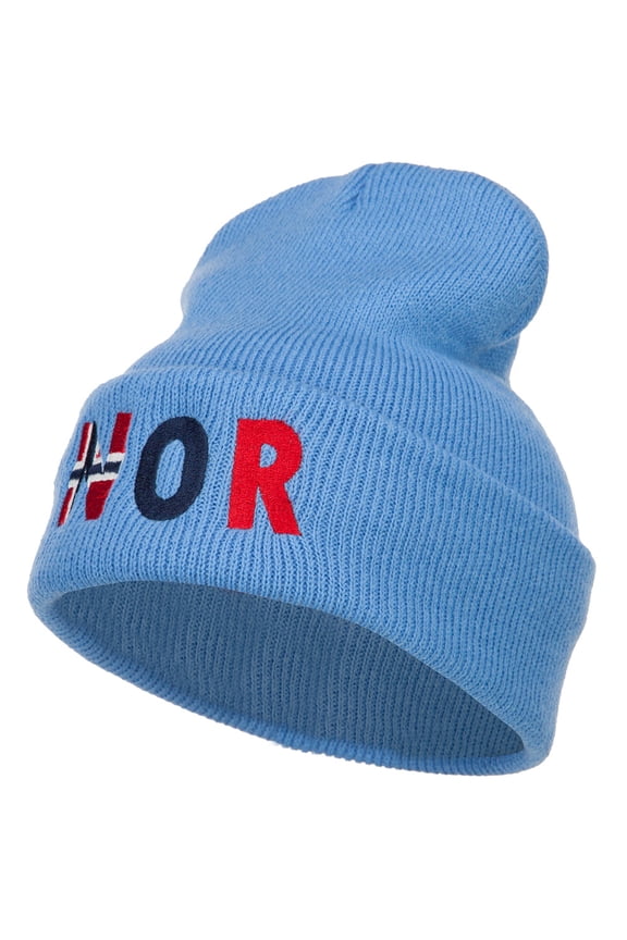 Norway Embroidered Long Beanie - Sky Blue OSFM