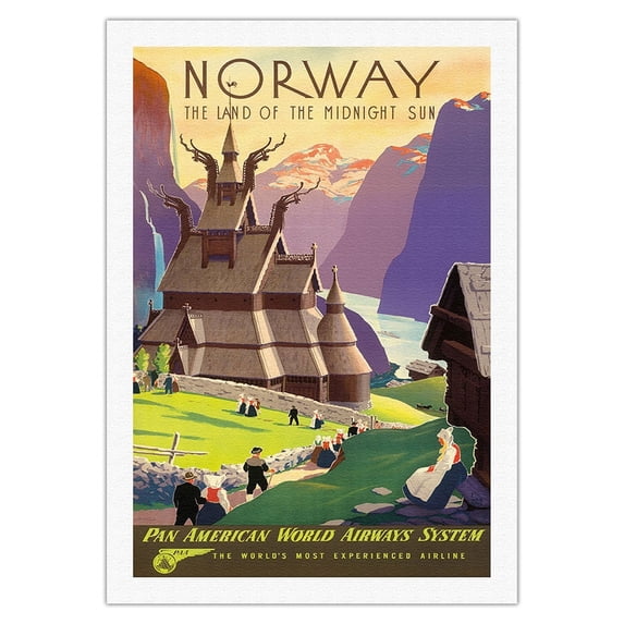 Norway The Land of the Midnight Sun - Stave Church System - Vintage Airline Travel Poster by Ivar Gull c.1939 - Fine Art Rolled Canvas Print 27in x 40in