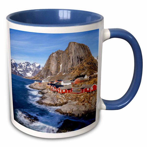 3drose, Norway, Lofoten Islands, Hamnoy. Red Rorbuer Fishermens Cottages., 11oz Two-tone Blue Mug