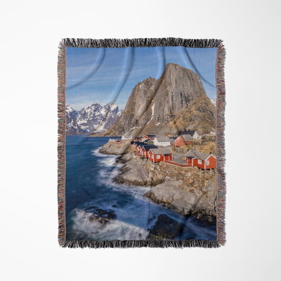 Norway, Lofoten Islands, Hamnoy. Red Rorbuer Fishermens Cottages., Woven Blanket