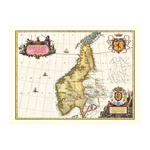 Norway Map, 1665 Vintage Map of Norway History Wall Decor Gift, Old Norway Map - 24" x 18" Unframed Print
