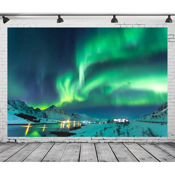 Norway Northern Lights Backdrop 7x5ft Lofoten Village Seaside Aurora Borealis Winter Night Starry Sky Background for Christmas Party Decorations