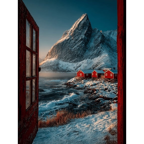 Norway Red House Window Canvas Wall Art, Lofoten Snow Mountain Print, Ready to Hang Home Decor