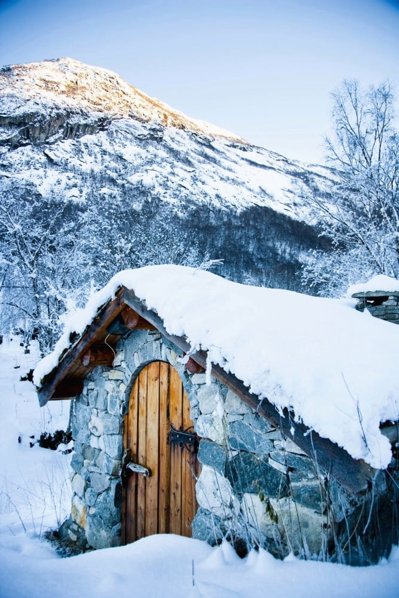 Norway Sognefjord snow covered traditional stone building which houses hydro electric generator Ortnevik Snowy alpine scenery Canvas Art - Naki Kouyioumtzis Design Pics (12 x 19)