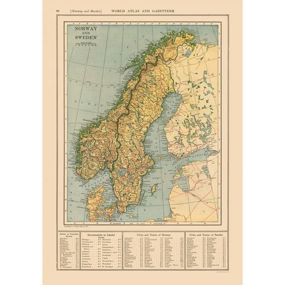 Historic Map - Norway Sweden - Reynold 1921 - 23 x 32.75 - Vintage Wall Art