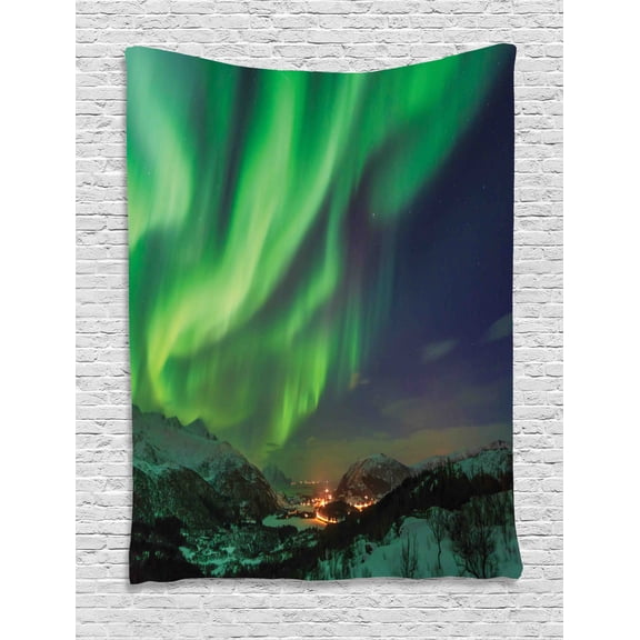 Norway Tapestry, Aurora Borealis Nordic Green Tones Night Sky and Town Panorama, Wall Hanging for Bedroom Living Room Dorm Decor, 60W X 80L Inches, Lime Green and Dark Lavender, by Ambesonne
