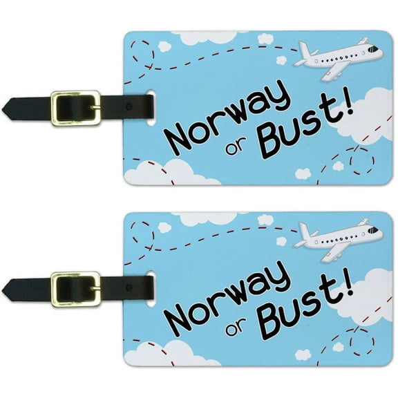 Norway or Bust Flying Airplane Luggage Suitcase Carry-On ID Tags, Set of 2