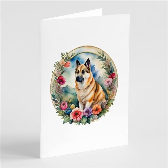 Norwegian Buhund and Flowers Greeting Cards and Envelopes Pack of 8 7 in x 5 in