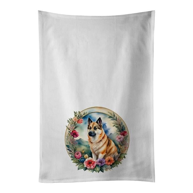 Norwegian Buhund and Flowers Kitchen Towel Set of 2 White Dish Towels 19 in x 28 in