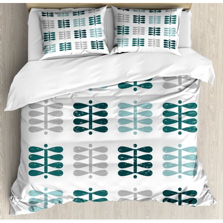 Norwegian Duvet Cover Set Queen Size, Scandinavian Geometric Simple Motif on Plain Backdrop, Decorative 3 Piece Bedding Set with 2 Pillow Shams, Dark Teal Pale Slate Blue Pale Taupe, by Ambesonne