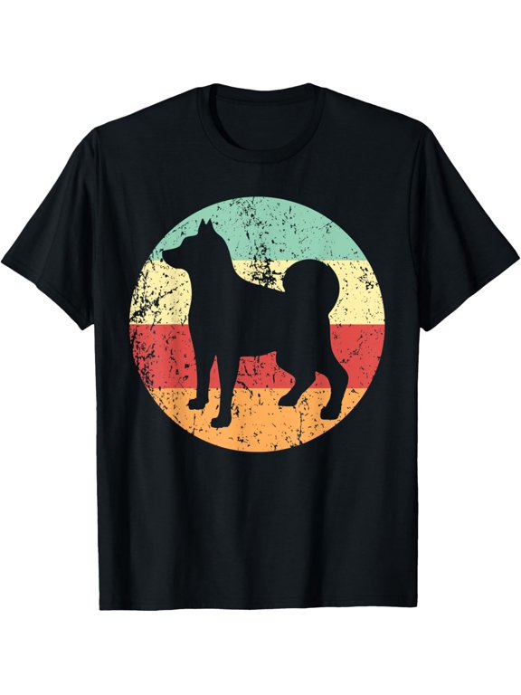 Norwegian Elkhound Dog Breed Silhouette Cool Retro 1970's T-Shirt men and women can wear, black, white, gifts
