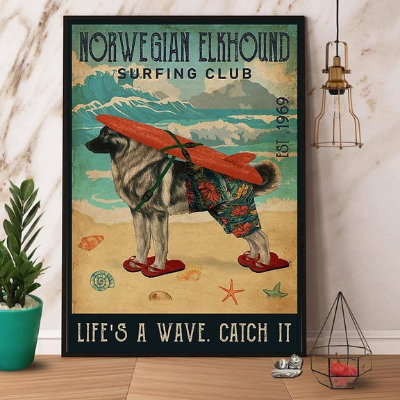 Norwegian Elkhound Surfing Club Life'S A Wave Paper Poster No Frame Matte Wall Art Decor 11 x 17 Inch Poster