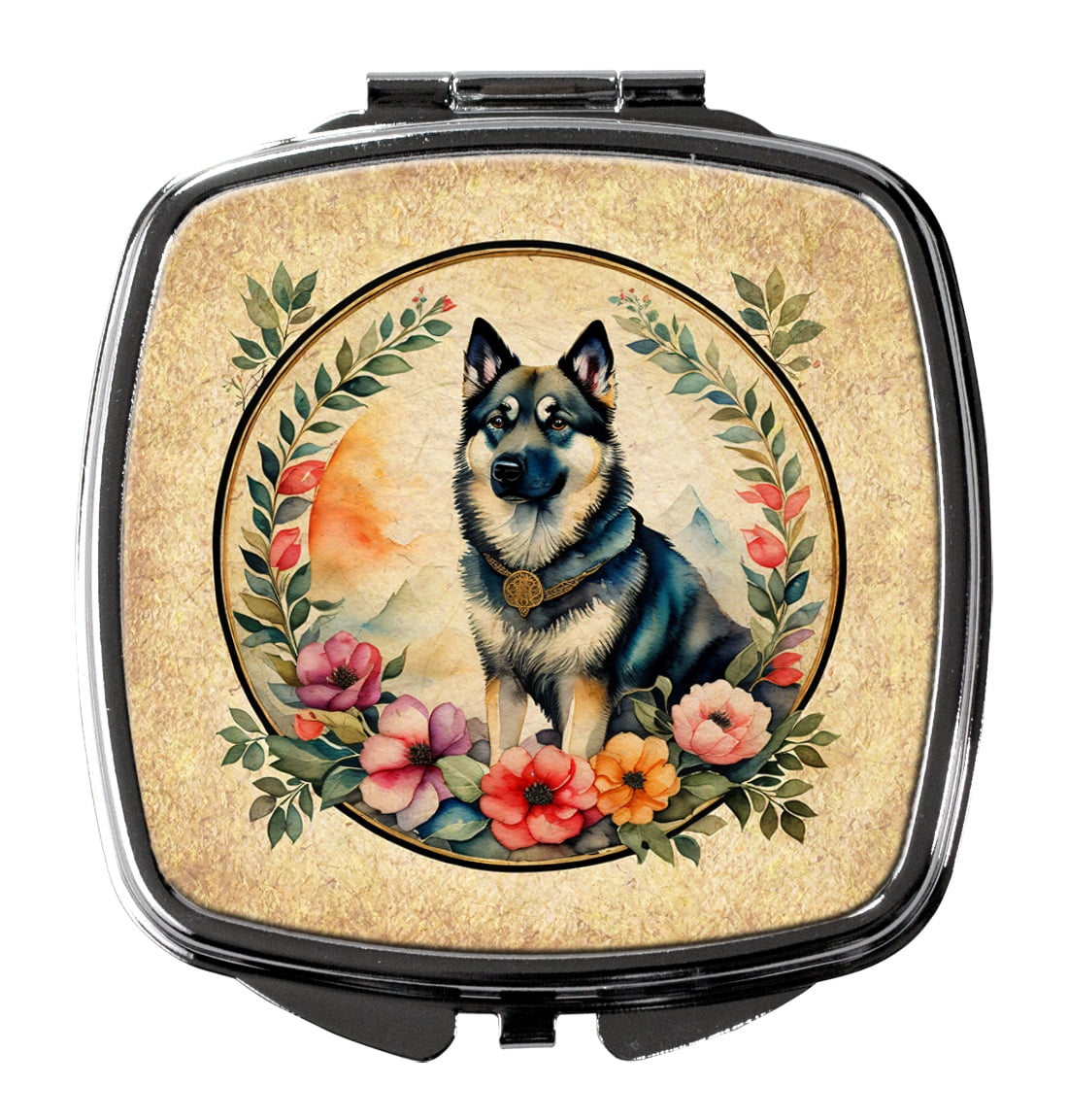 Norwegian Elkhound and Flowers Compact Mirror 2.75 in x 3 in