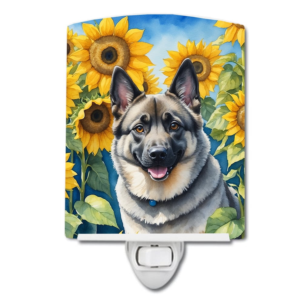 Norwegian Elkhound in Sunflowers Ceramic Night Light 4 in x 6 in