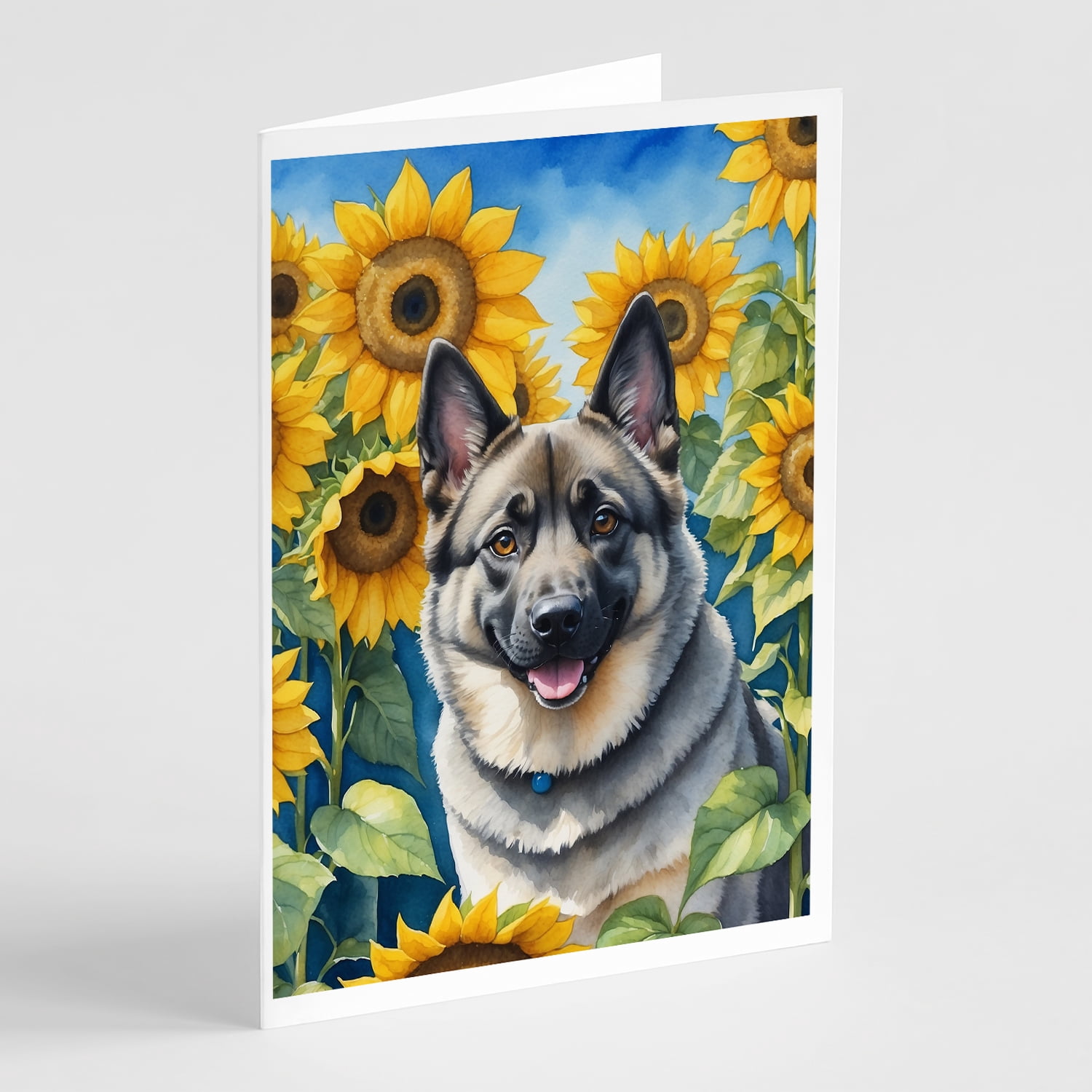 Norwegian Elkhound in Sunflowers Greeting Cards Pack of 8 7 in x 5 in