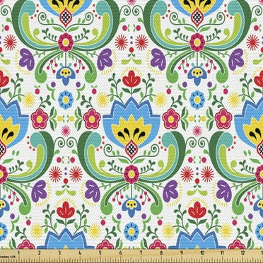 Ambesonne Norwegian Fabric by the Yard Upholstery, Folk Art Colorful Hues, 3 Yards, Multicolor