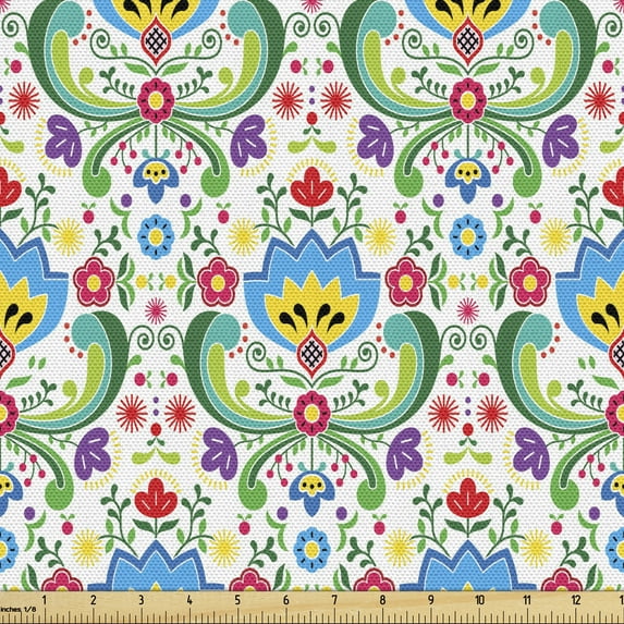 Ambesonne Norwegian Fabric by the Yard Upholstery, Folk Art Colorful Hues, 3 Yards, Multicolor