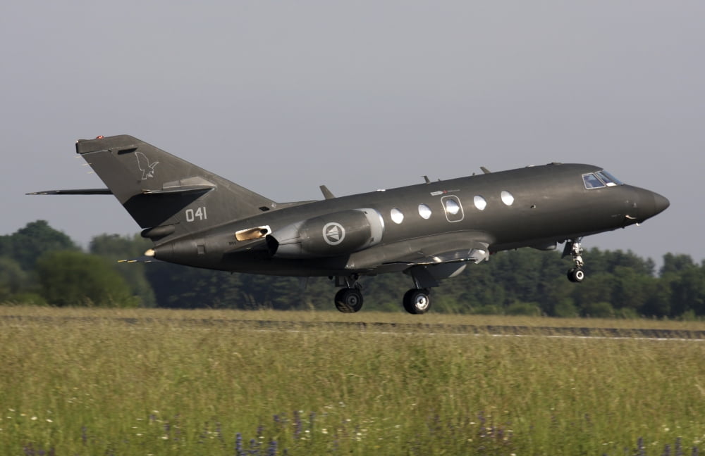 Norwegian Falcon 20 aircraft taking off from Germany Canvas Art - Timm ZiegenthalerStocktrek Images (18 x 12)