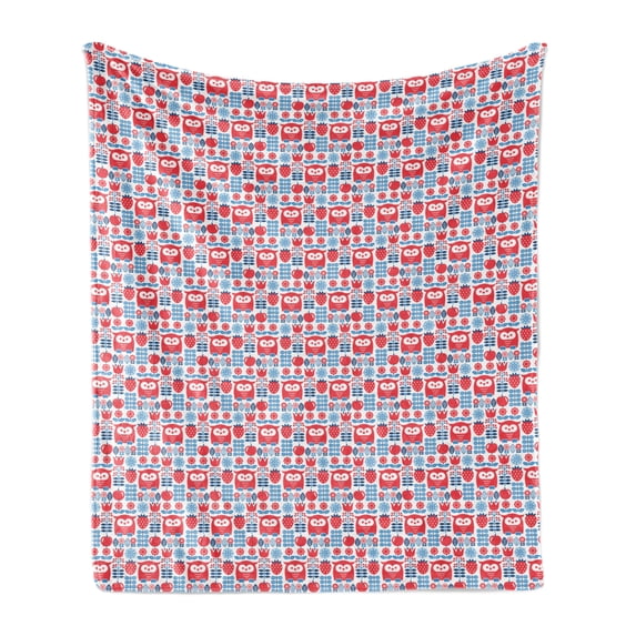 Norwegian Soft Flannel Fleece Throw Blanket, Repeating Floral Pattern with Owls and Apple Fruits, Cozy Plush for Indoor and Outdoor Use, 70" x 90", Sea Blue Dark Coral, by Ambesonne